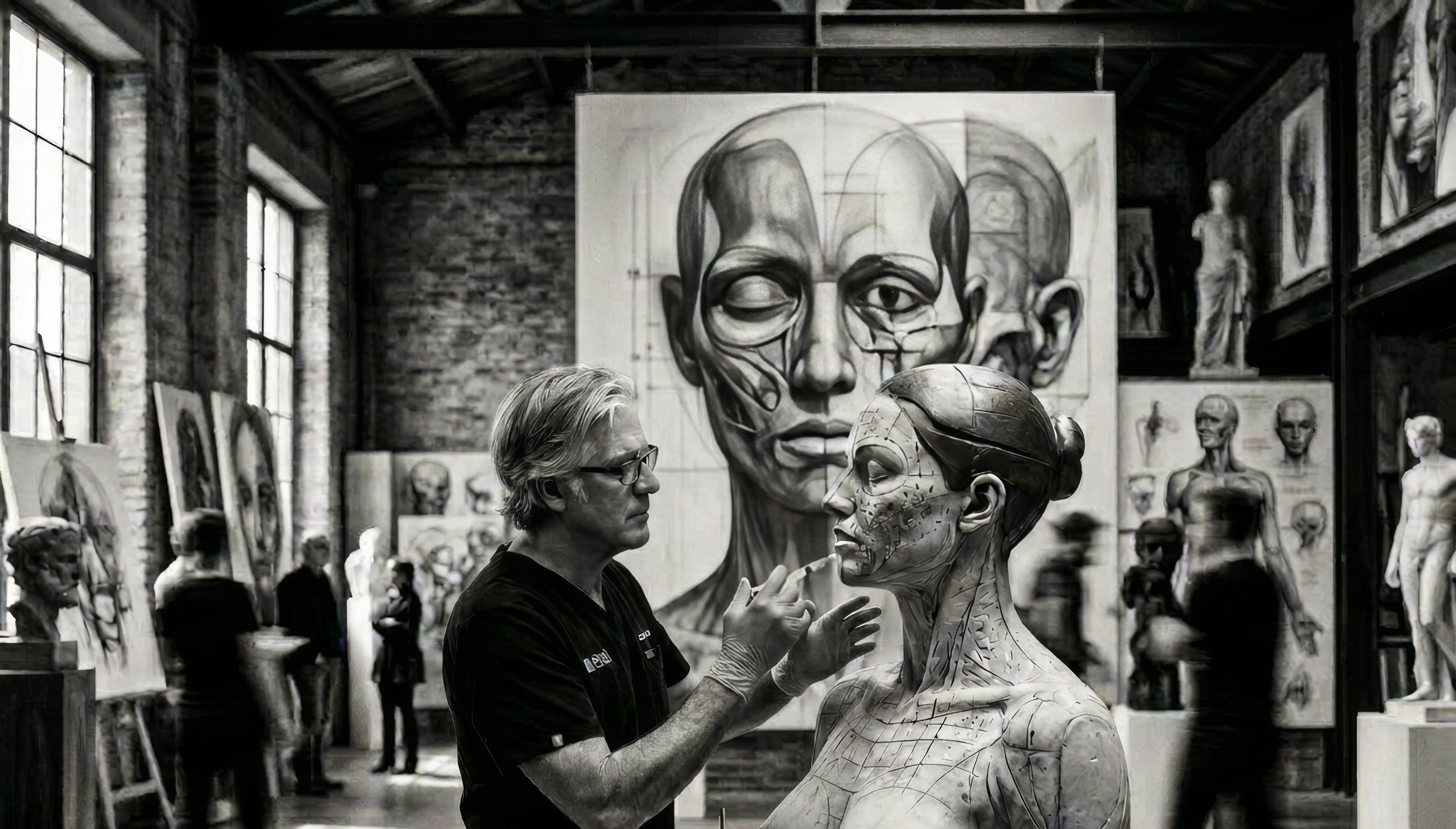 Dr. Leonardo Rasi in an artist's studio, treating a sculpted marble bust