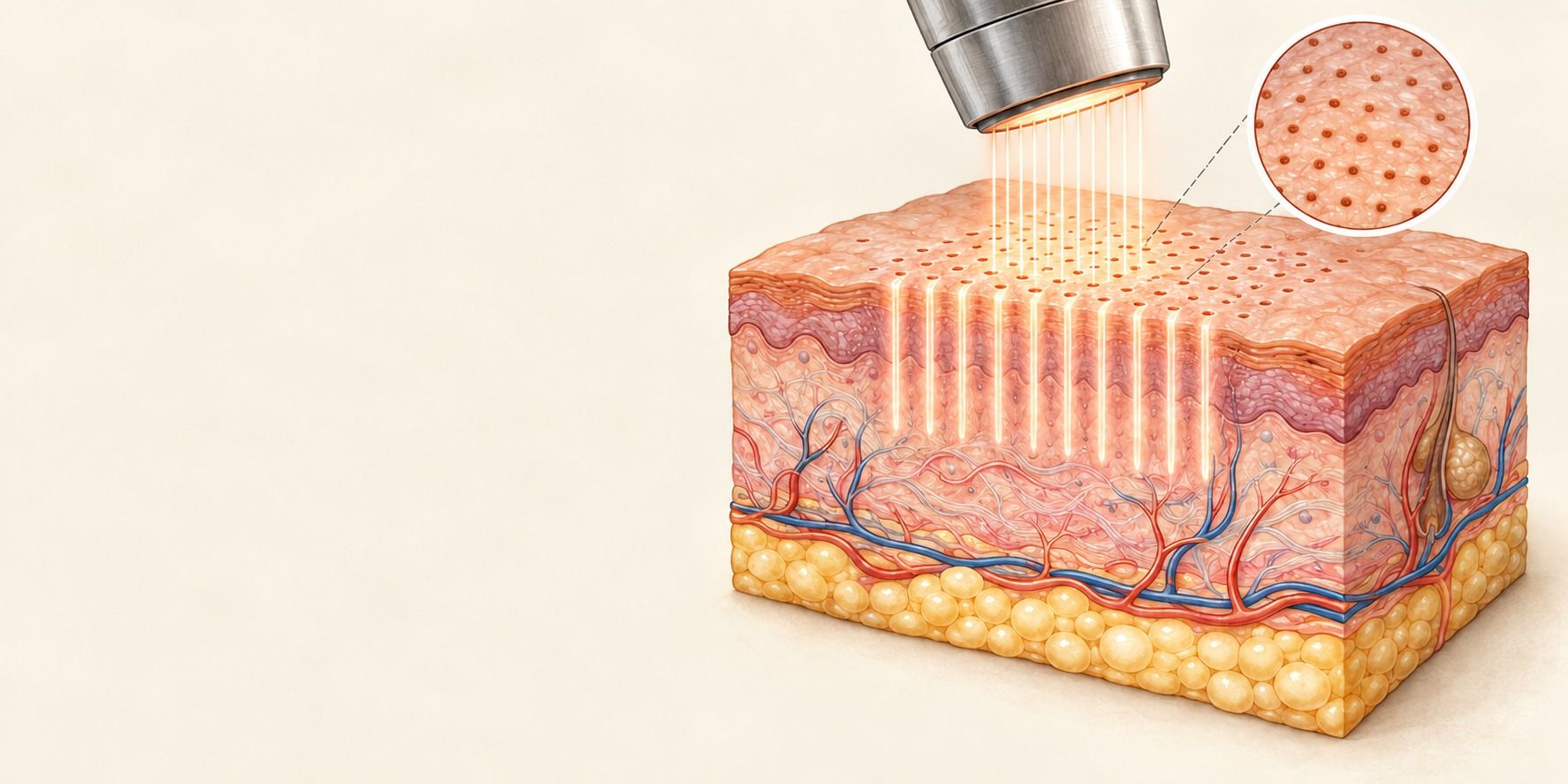 Illustration of a fractional laser making tiny columns in the skin