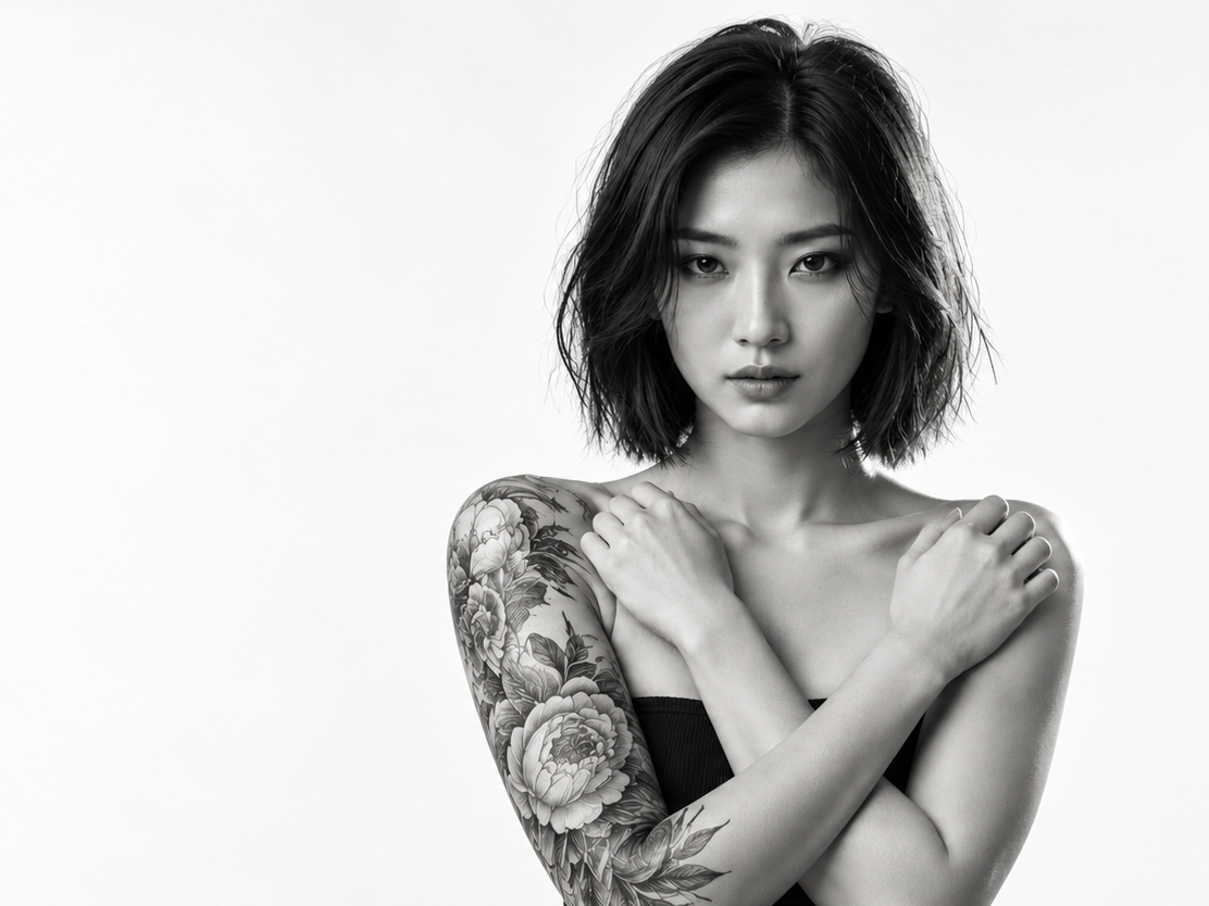 Black and white portrait of a woman with a floral tattoo sleeve